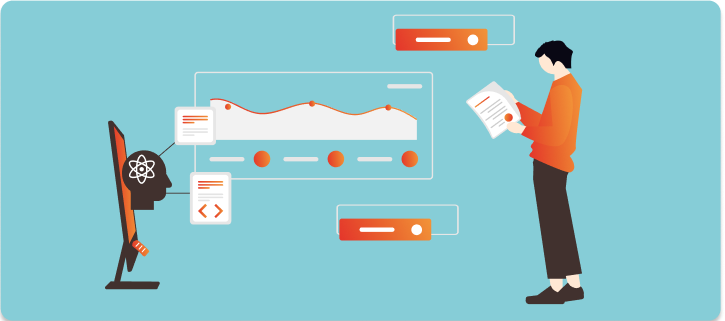 좌측에 두뇌 형상으로 ai를 나타내고 오른쪽에는 직원 이미지로 데이터 분석을 나타냄.